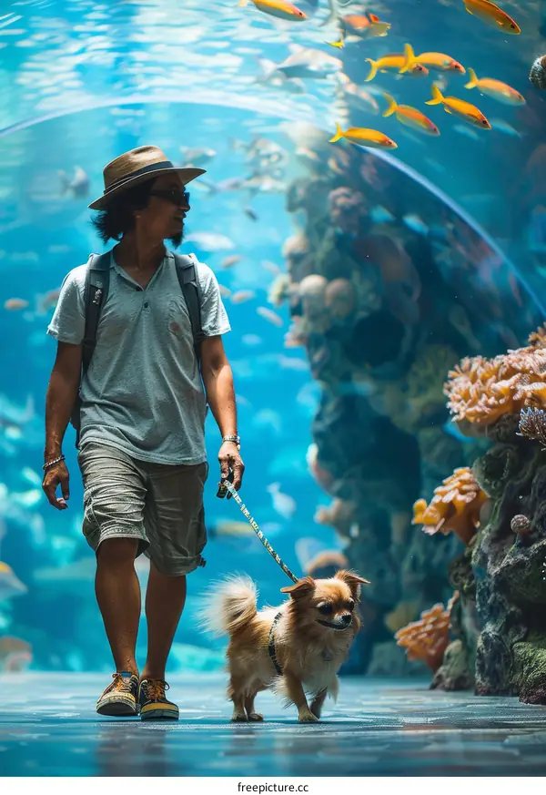 A man walking his dog in an aquarium