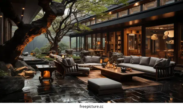 Modern Japanese Courtyard with Stone Tiles and Large Tree