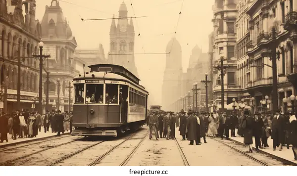 Vintage sepia toned streetcar with passengers and pedestrians in the early 20th century