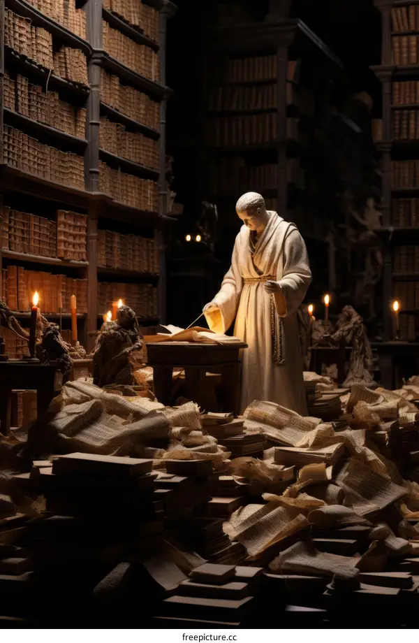 Monk Statue Reading in a Library