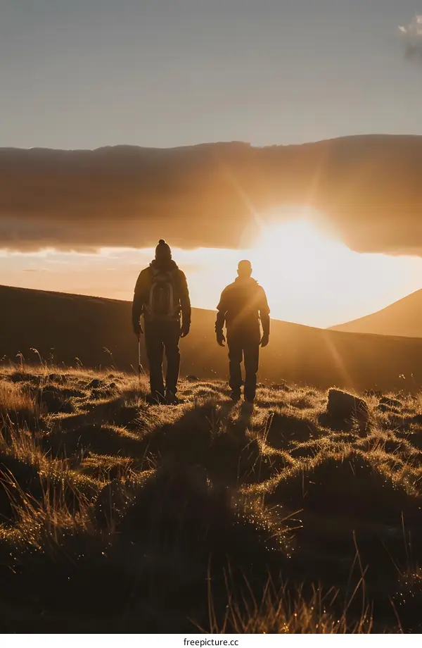 Two Hikers Walking Towards the Sunset
