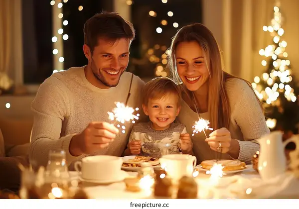 A Family Celebrating Christmas with Sparkler