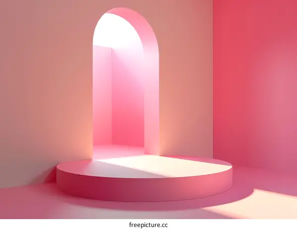 Pink geometric 3D room with empty podium