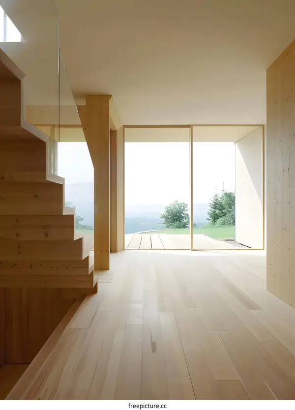 Modern Wooden House Interior Design with Large Windows and Staircase