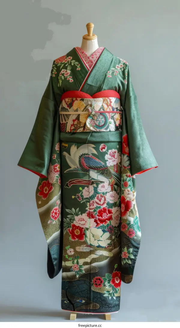 A kimono with a pattern of flowers and birds