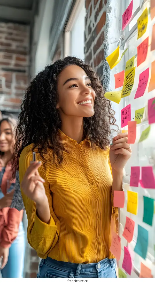 African American Woman Looking at Sticky Notes on Wall