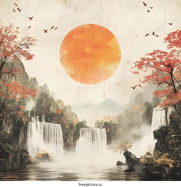 Waterfall Landscape With Red Sun and Birds