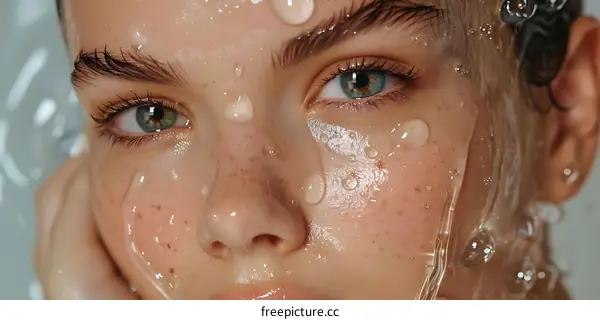Close up of a woman with water on her face