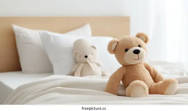 Two cute teddy bears sitting on a bed