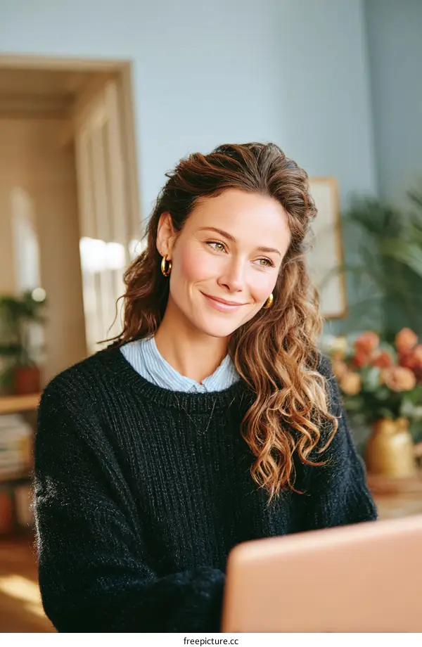 Woman Working on Laptop in Cozy Home Setting