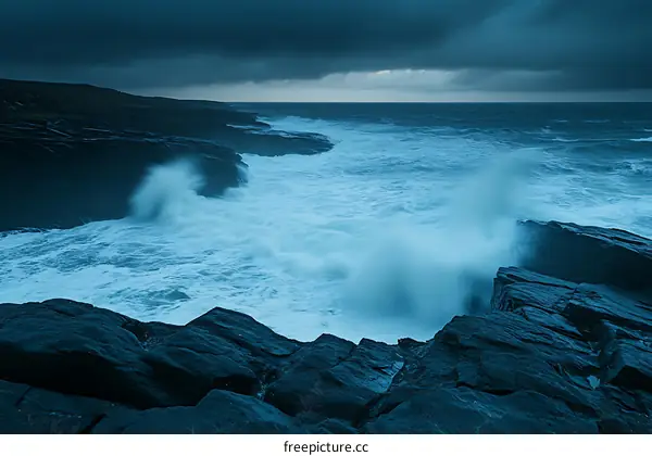 Dark Stormy Sea Waves Crashing on Rocky Coast