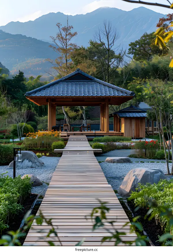 A wooden pavilion in a Zen garden with a long walkway leading up to it. The pavilion is surrounded by trees and shrubs, and there is a mountain in the background.