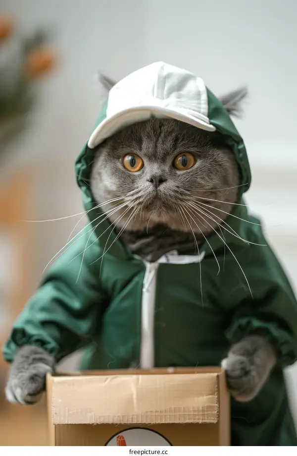 Adorable Cat Wearing a Green Outfit near a Cardboard Box