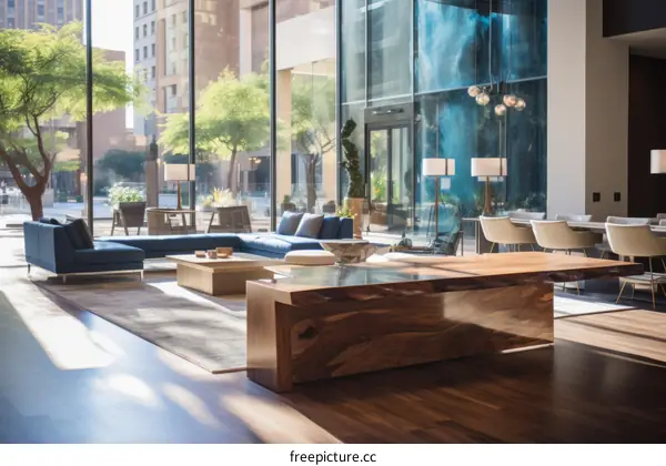 Modern Hotel Blue and Wood Lobby Interior Design