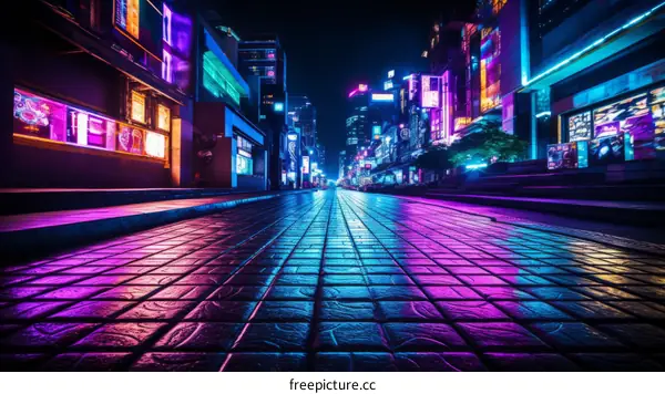 A deserted street in a cyberpunk city with bright neon lights reflecting off the wet pavement