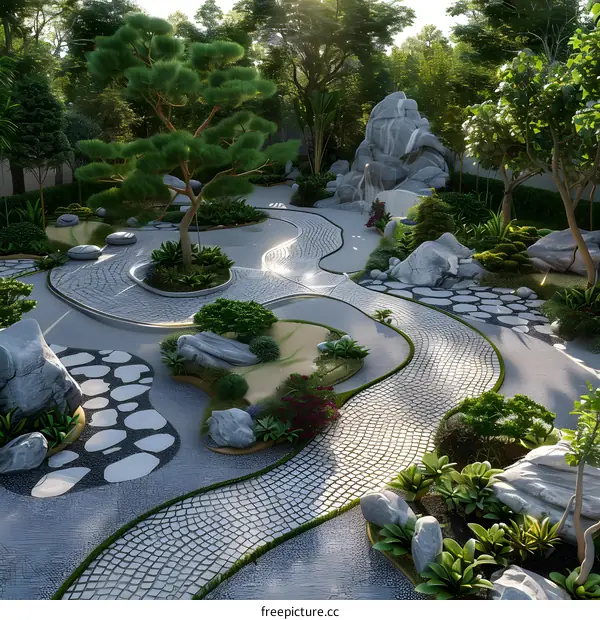 A beautiful garden with a stone path, trees, and a waterfall.