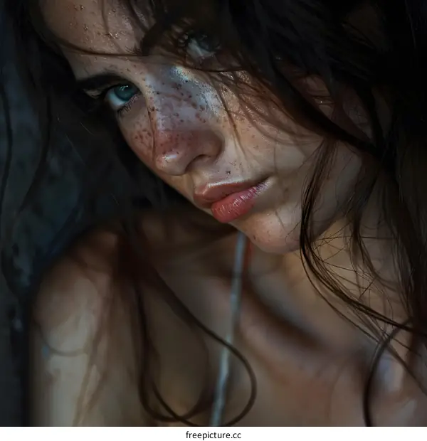 Close-up portrait of a young woman with freckles on her face