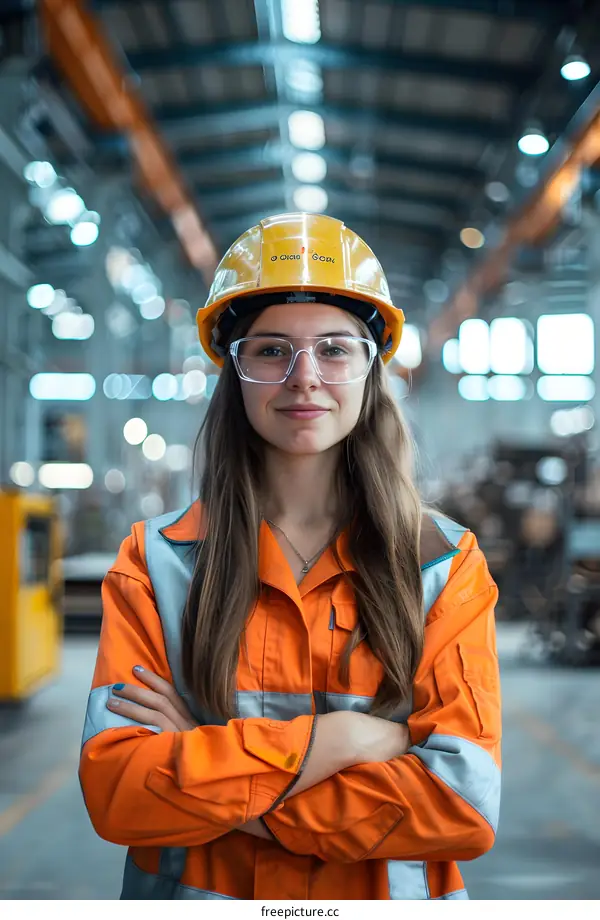 Portrait of a female industrial worker wearing a hard hat and safety glasses