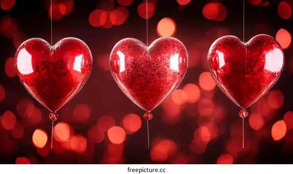 Three Red Heart Balloons in Dark Background