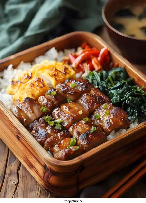 Japanese Bento Box with Teriyaki Chicken and Rice