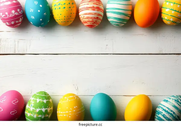 Colorful Easter Eggs on a White Wooden Background