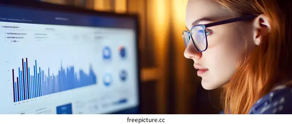 Woman In Glasses Looking At Charts On Computer Screen