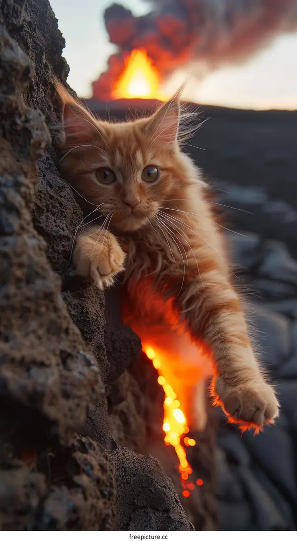 ginger cat on a rock in front of a volcanic eruption