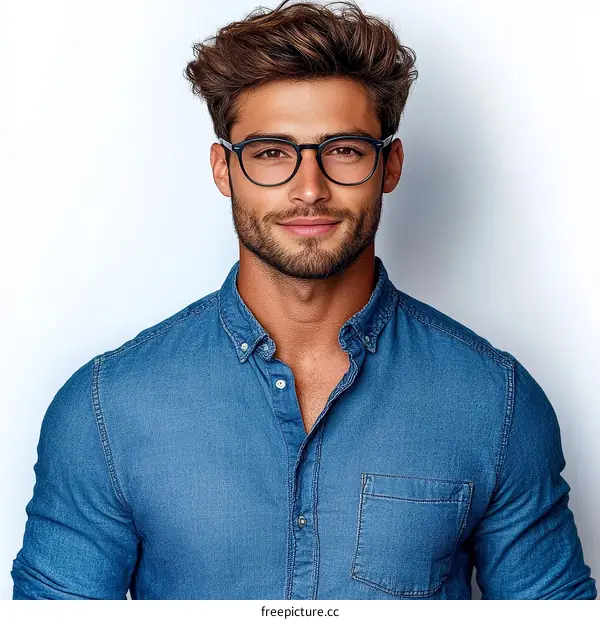 Handsome Man in a Denim Shirt with Glasses