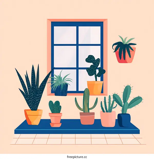 Windowsill With Various Plants In Pots