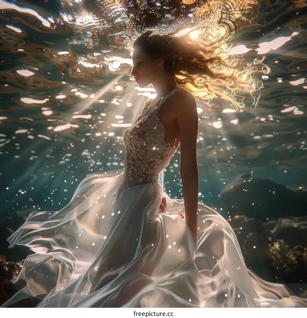 An ethereal underwater photoshoot of a woman wearing a white dress