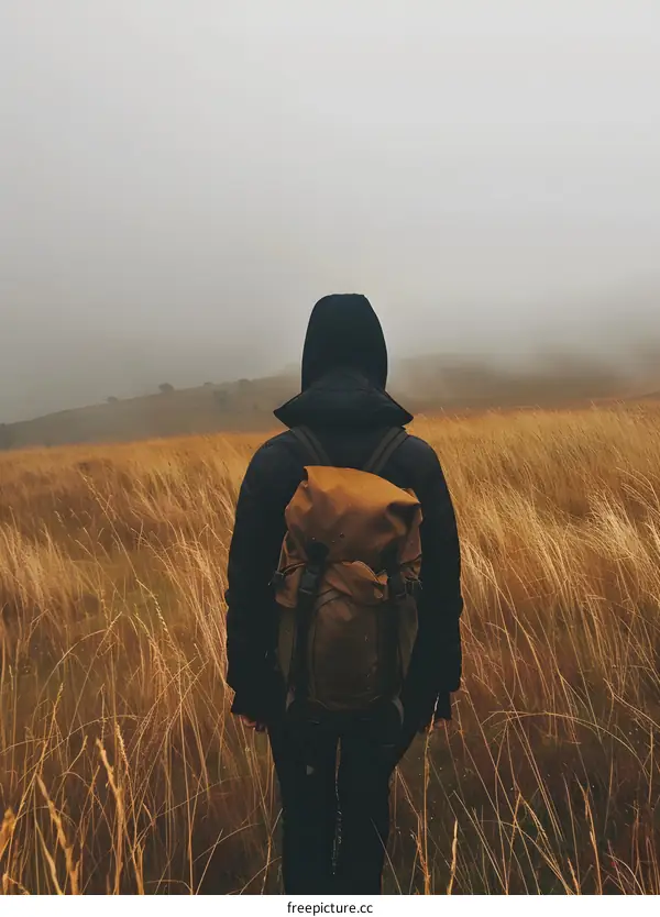 Person in a Field with a Backpack and Fog