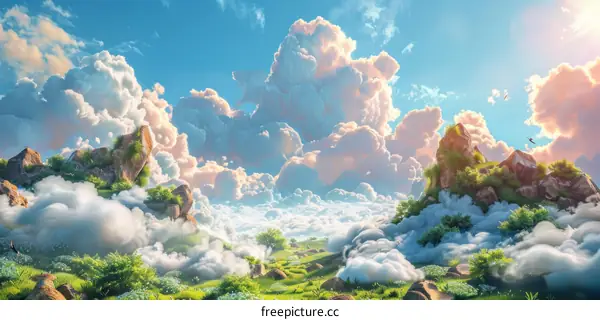 Green hills and blue sky with white clouds