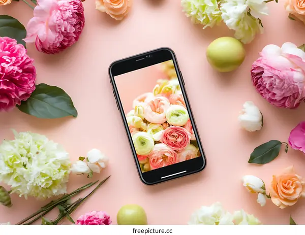 Flat Lay of Flowers and a Smartphone on Pink Background