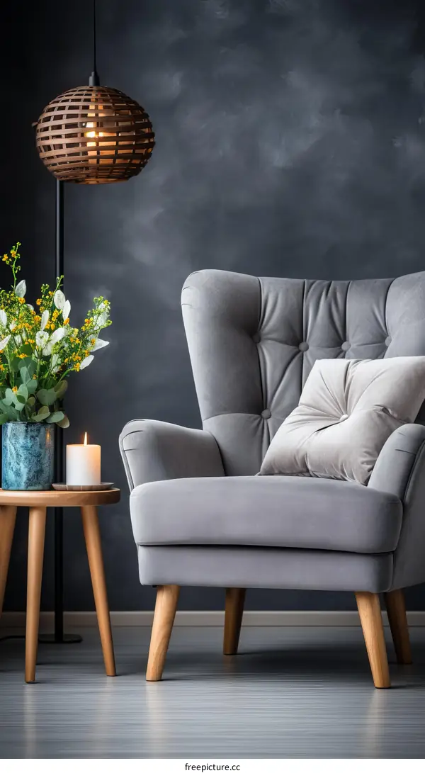 Cozy Gray Armchair with Cushion, Side Table, and Floral Centerpiece