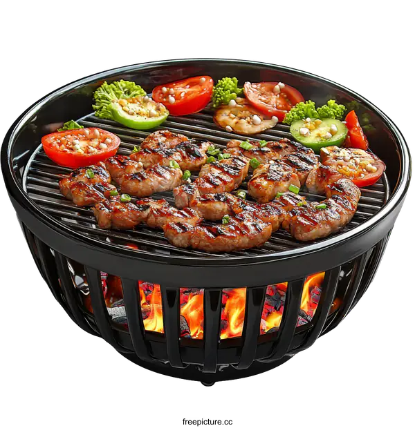 [Transparent Background PNG]Portable Black Ceramic Outdoor Grill with Food