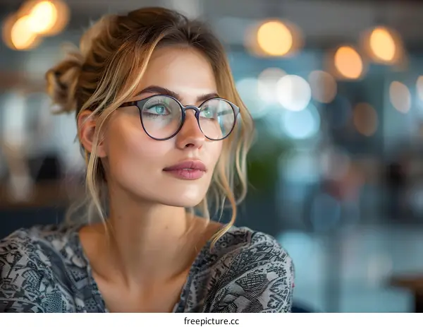 portrait of a beautiful young woman with glasses looking away