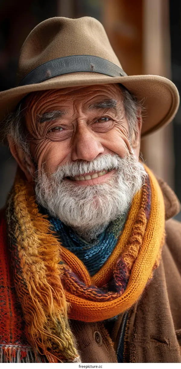 portrait of an old man with a hat and scarf