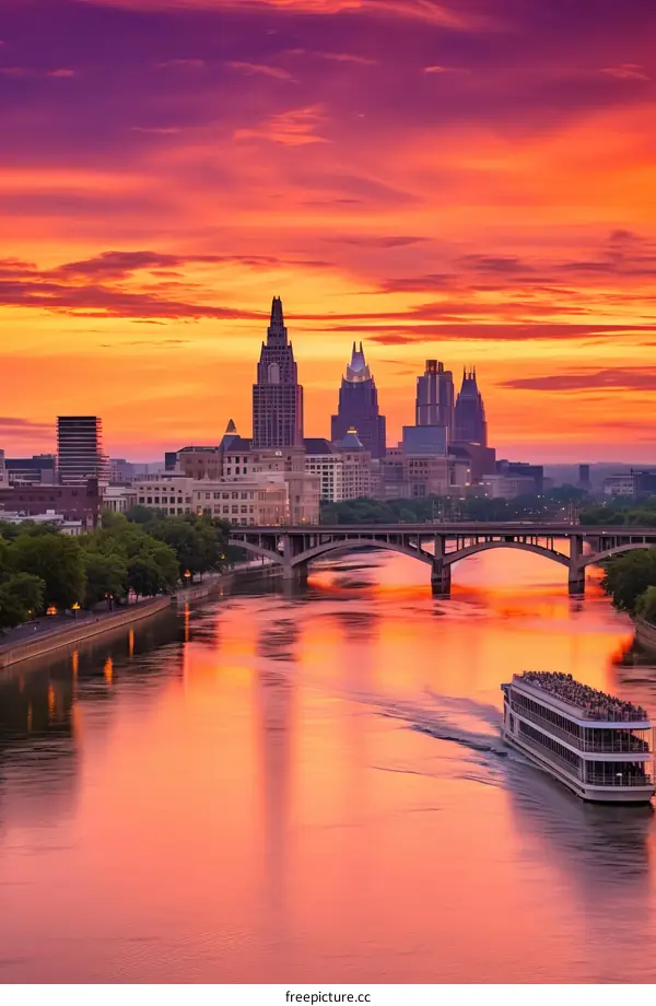 Urban river at sunset with bridge and cityscape