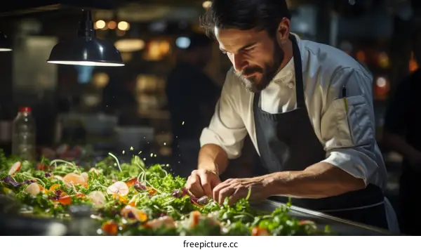 Chef carefully preparing a salad in a commercial kitchen