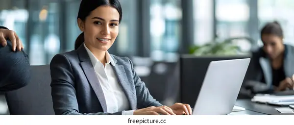 Smiling Woman Using Laptop in Modern Office