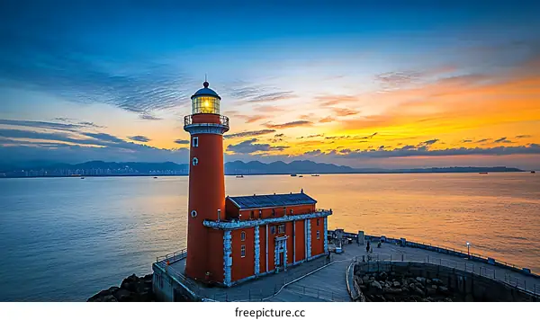 Coastal Lighthouse at Sunset with Cityscape View