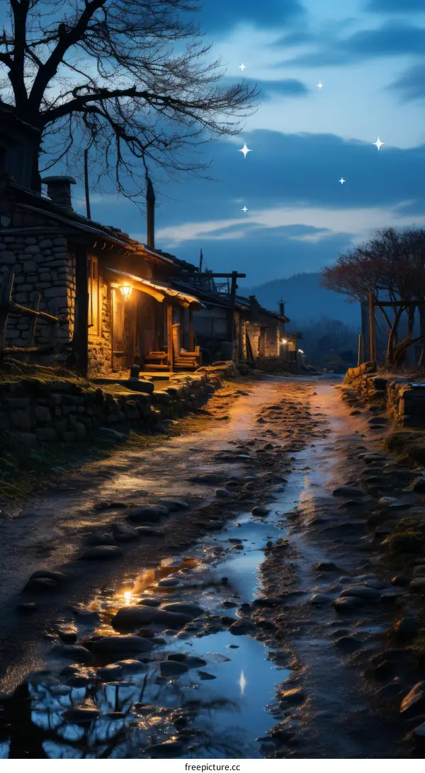 Stone Houses in a Mountain Village at Night with a Starry Sky
