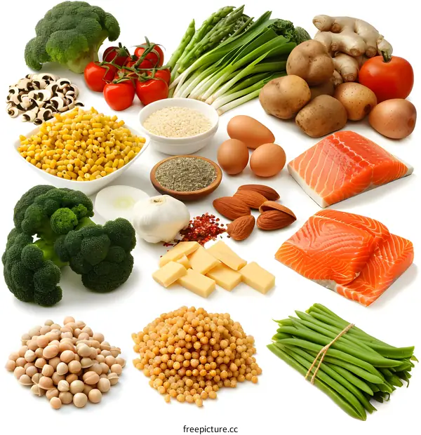 Variety of Fresh Vegetables, Fruits, Grains, Nuts, Seafood and Dairy Products