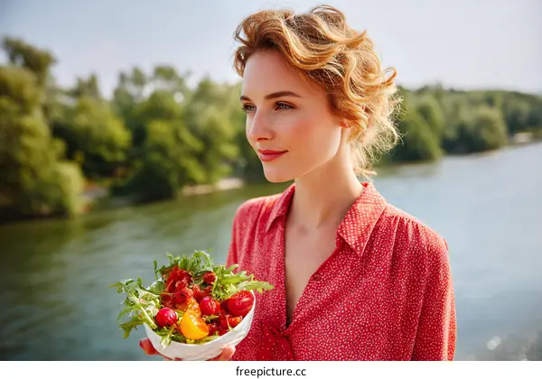 Woman enjoying a healthy salad by the riverside