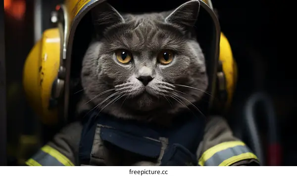 A Cat Firefighter Wearing Helmet and Uniform