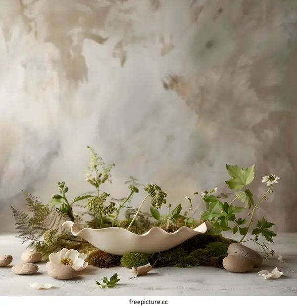 White Ceramic Bowl With Plants and Stones