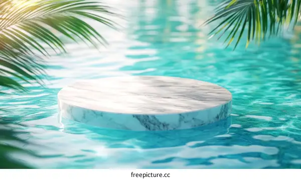 Elegant Marble Podium in Turquoise Water with Palm Leaves