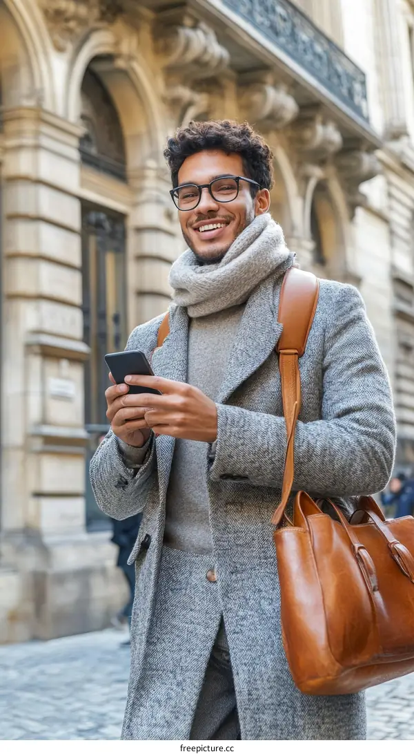 Stylish African American Man Using Smartphone in City