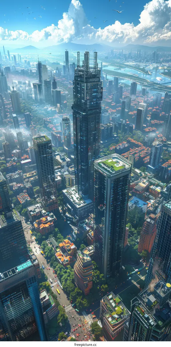 Futuristic City Skyline Aerial View Illustration