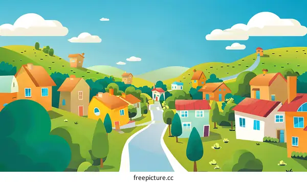 Cartoon Illustration of a Colorful Village